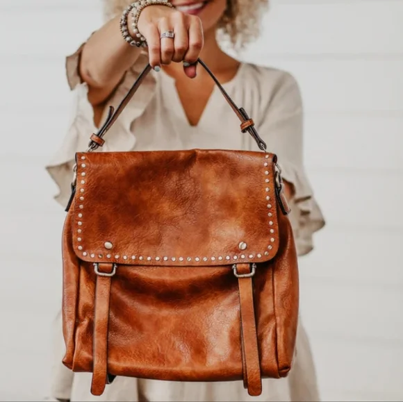 New! Camel Studded Vegan Leather Convertible Backpack Bag - Picture 1 of 6